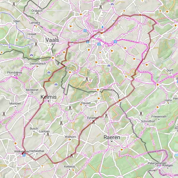 Karten-Miniaturansicht der Radinspiration "Gravel-Tour durch die Hügel von Welkenraedt" in Prov. Liège, Belgium. Erstellt vom Tarmacs.app-Routenplaner für Radtouren