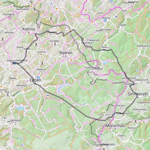Map miniature of "Challenge the Hills near Welkenraedt" cycling inspiration in Prov. Liège, Belgium. Generated by Tarmacs.app cycling route planner