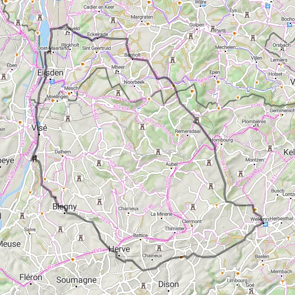 Map miniature of "Welkenraedt and Surroundings" cycling inspiration in Prov. Liège, Belgium. Generated by Tarmacs.app cycling route planner