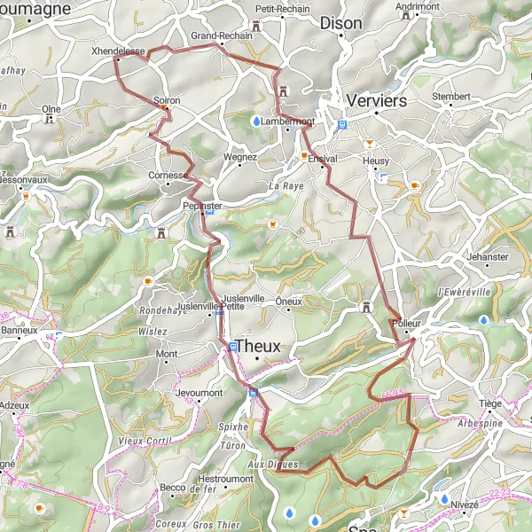 Map miniature of "The Gravel Adventure: Xhendelesse and Beyond" cycling inspiration in Prov. Liège, Belgium. Generated by Tarmacs.app cycling route planner