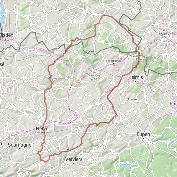 Miniature de la carte de l'inspiration cycliste "Les collines boisées de la région de Liège" dans la Prov. Liège, Belgium. Générée par le planificateur d'itinéraire cycliste Tarmacs.app