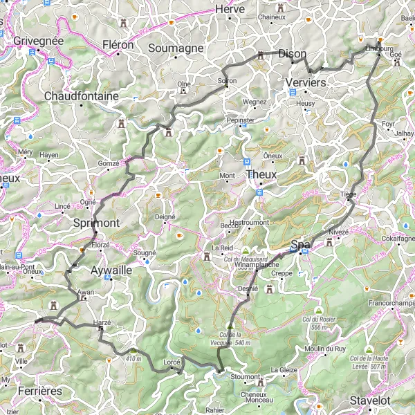 Map miniature of "The Road Cycling Challenge: Xhoris to Harzé" cycling inspiration in Prov. Liège, Belgium. Generated by Tarmacs.app cycling route planner