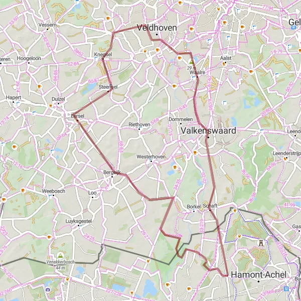 Karten-Miniaturansicht der Radinspiration "Gravelroute von Achel nach Waalre" in Prov. Limburg (BE), Belgium. Erstellt vom Tarmacs.app-Routenplaner für Radtouren