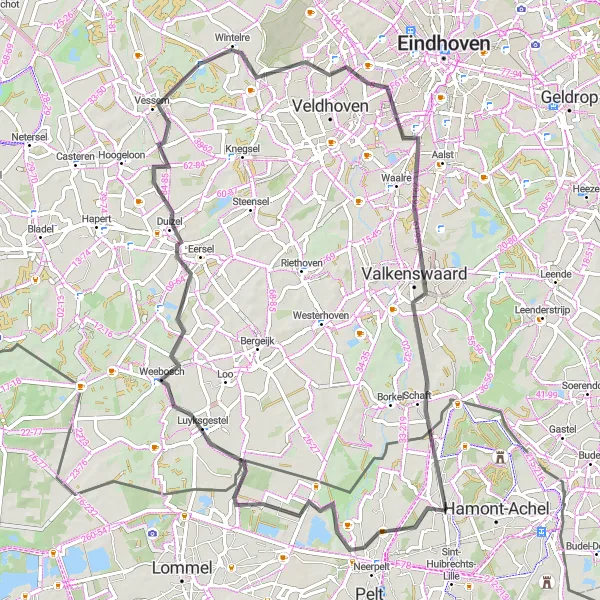 Karten-Miniaturansicht der Radinspiration "Straßenroute nach Valkenswaard" in Prov. Limburg (BE), Belgium. Erstellt vom Tarmacs.app-Routenplaner für Radtouren