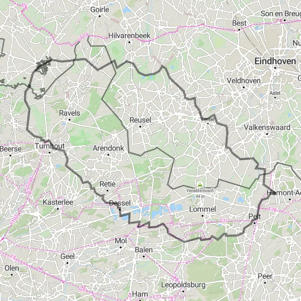 Map miniature of "Long Distance Road Challenge from Achel" cycling inspiration in Prov. Limburg (BE), Belgium. Generated by Tarmacs.app cycling route planner