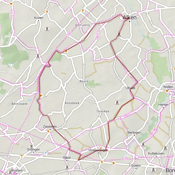 Map miniature of "Alken - Honsberg - Kortenbos" cycling inspiration in Prov. Limburg (BE), Belgium. Generated by Tarmacs.app cycling route planner