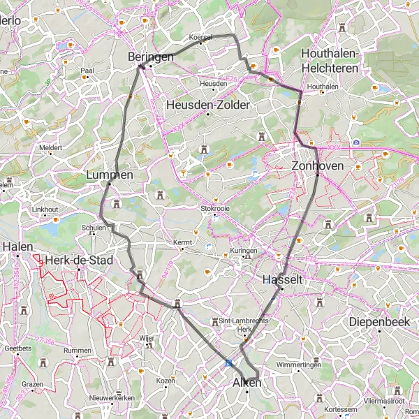 Miniatuurkaart van de fietsinspiratie "Ronde van Alken naar Berbroek, Koersel, Kiewit en terug" in Prov. Limburg (BE), Belgium. Gemaakt door de Tarmacs.app fietsrouteplanner