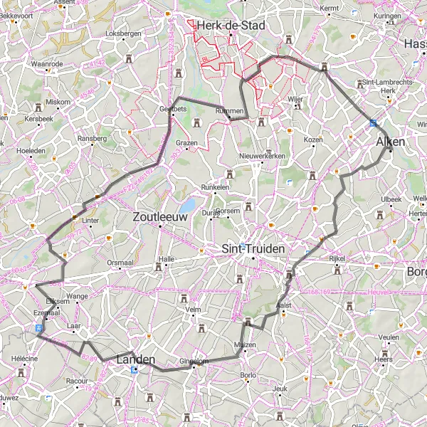 Miniature de la carte de l'inspiration cycliste "Le circuit routier de 78 km à travers les villages belges" dans la Prov. Limburg (BE), Belgium. Générée par le planificateur d'itinéraire cycliste Tarmacs.app