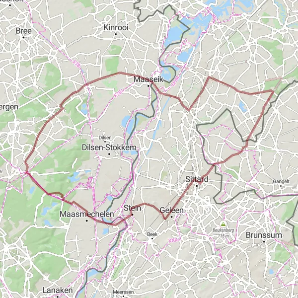 Miniatuurkaart van de fietsinspiratie "Gravel Avontuur door Maasvallei" in Prov. Limburg (BE), Belgium. Gemaakt door de Tarmacs.app fietsrouteplanner