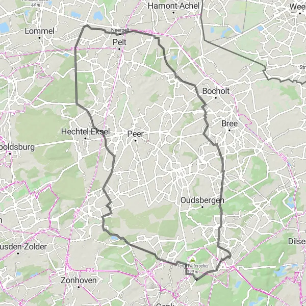 Karten-Miniaturansicht der Radinspiration "Rundkurs für Straßenradler ab As" in Prov. Limburg (BE), Belgium. Erstellt vom Tarmacs.app-Routenplaner für Radtouren