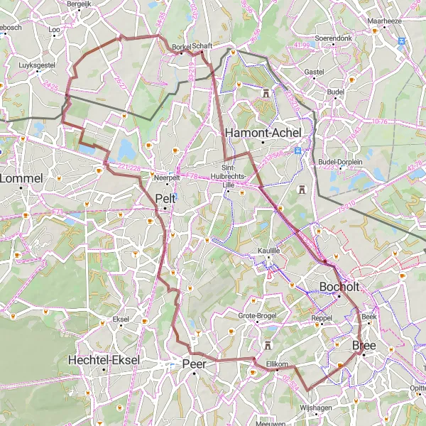 Karten-Miniaturansicht der Radinspiration "Rund um Beek - Ellikom - Heesakker - Overpelt-Fabriek - Borkel - Achel - Bocholt" in Prov. Limburg (BE), Belgium. Erstellt vom Tarmacs.app-Routenplaner für Radtouren