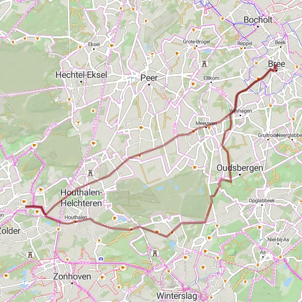 Map miniature of "Gravel Adventure: Unraveling Nature's Beauty" cycling inspiration in Prov. Limburg (BE), Belgium. Generated by Tarmacs.app cycling route planner