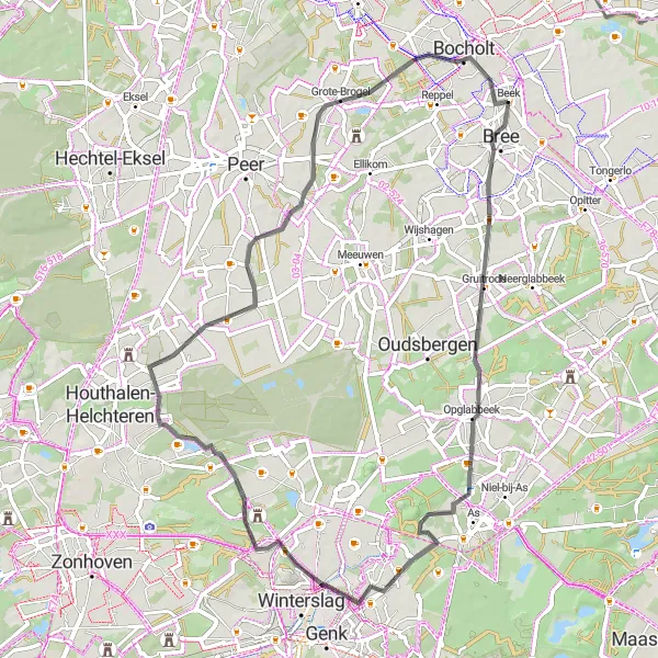 Map miniature of "Gruitrode to Bocholt Loop - Road Cycling Route" cycling inspiration in Prov. Limburg (BE), Belgium. Generated by Tarmacs.app cycling route planner