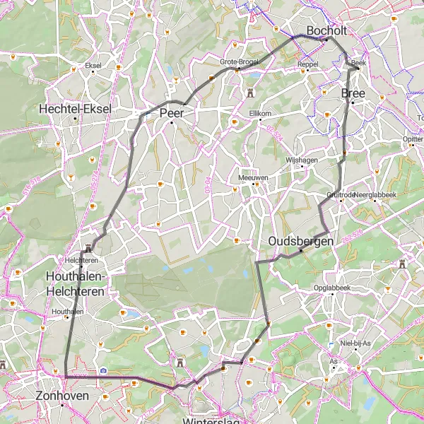 Map miniature of "Beek to Oudsbergen and Back" cycling inspiration in Prov. Limburg (BE), Belgium. Generated by Tarmacs.app cycling route planner