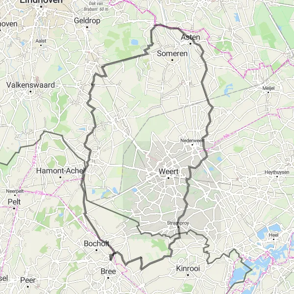 Miniatuurkaart van de fietsinspiratie "Fietsen door Noord-Limburg en Brabant" in Prov. Limburg (BE), Belgium. Gemaakt door de Tarmacs.app fietsrouteplanner