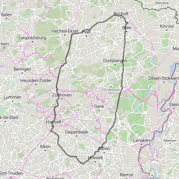 Karten-Miniaturansicht der Radinspiration "Herausfordernde Tour von Gruitrode nach Hasselt über Hesselsberg - Munsterbilzen - Kasteel van Wimmertingen - Hasselt - Grote-Brogel" in Prov. Limburg (BE), Belgium. Erstellt vom Tarmacs.app-Routenplaner für Radtouren