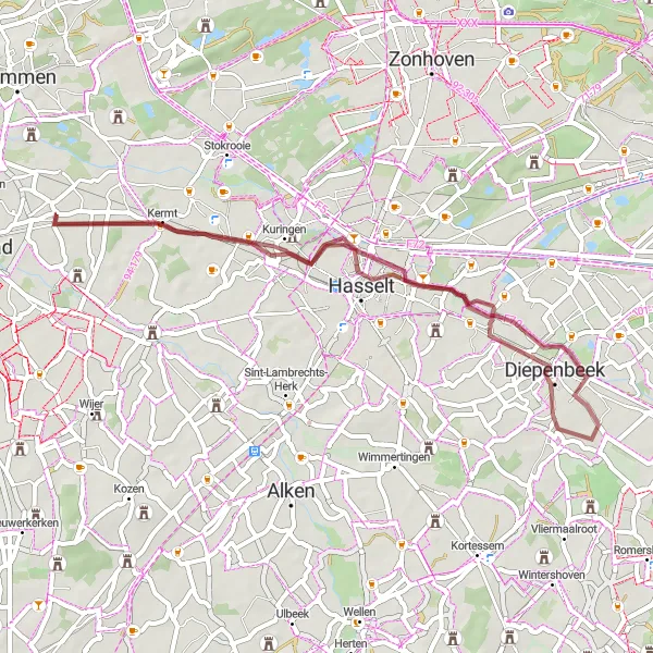 Map miniature of "Diepenbeek Gravel Tour" cycling inspiration in Prov. Limburg (BE), Belgium. Generated by Tarmacs.app cycling route planner