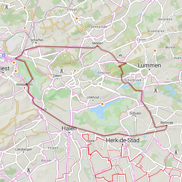 Miniature de la carte de l'inspiration cycliste "Le Tour Gravel à Berbroek et Schulen" dans la Prov. Limburg (BE), Belgium. Générée par le planificateur d'itinéraire cycliste Tarmacs.app