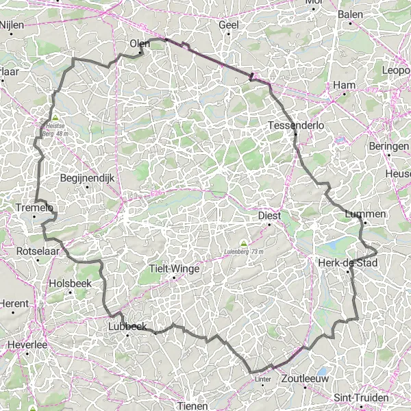 Miniatuurkaart van de fietsinspiratie "Van Berbroek naar Olen" in Prov. Limburg (BE), Belgium. Gemaakt door de Tarmacs.app fietsrouteplanner