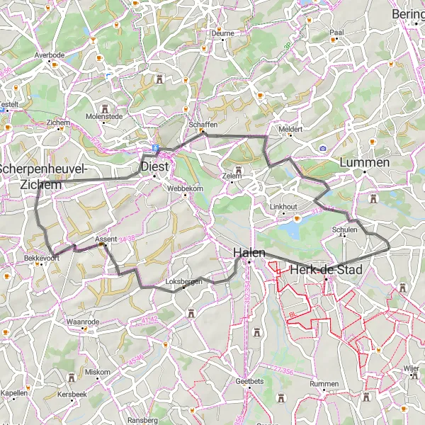 Map miniature of "Berbroek to Goeslaar Road Loop" cycling inspiration in Prov. Limburg (BE), Belgium. Generated by Tarmacs.app cycling route planner