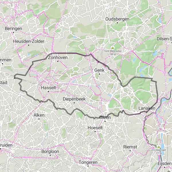 Map miniature of "Berbroek to Kasteel van Stevoort Loop" cycling inspiration in Prov. Limburg (BE), Belgium. Generated by Tarmacs.app cycling route planner