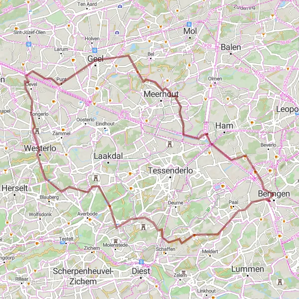 Miniature de la carte de l'inspiration cycliste "Route à vélo circulaire partant de Beringen - Itinéraire gravel" dans la Prov. Limburg (BE), Belgium. Générée par le planificateur d'itinéraire cycliste Tarmacs.app
