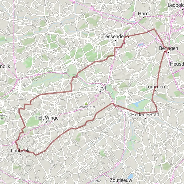 Map miniature of "Beringen Gravel Adventure" cycling inspiration in Prov. Limburg (BE), Belgium. Generated by Tarmacs.app cycling route planner