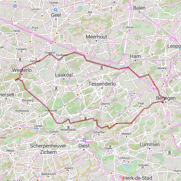 Map miniature of "Beringen Gravel Loop" cycling inspiration in Prov. Limburg (BE), Belgium. Generated by Tarmacs.app cycling route planner