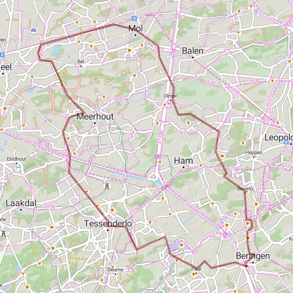 Map miniature of "Tessenderlo - Millegem - Olmen - Beverlo - Terril Gravel Route" cycling inspiration in Prov. Limburg (BE), Belgium. Generated by Tarmacs.app cycling route planner