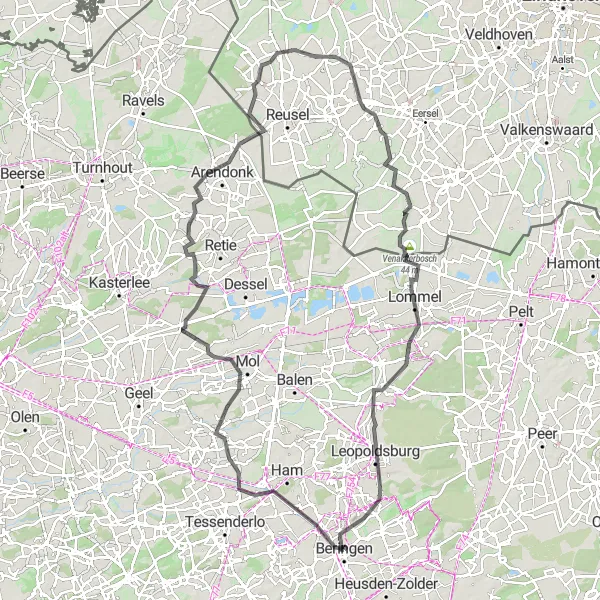 Map miniature of "Beringen Road Adventure" cycling inspiration in Prov. Limburg (BE), Belgium. Generated by Tarmacs.app cycling route planner