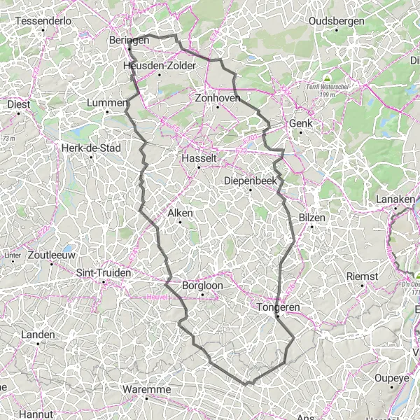 Map miniature of "Beringen Road Tour" cycling inspiration in Prov. Limburg (BE), Belgium. Generated by Tarmacs.app cycling route planner