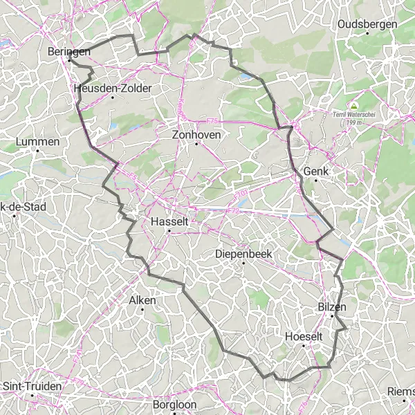 Miniature de la carte de l'inspiration cycliste "Le Tour des Tours et des Terrils" dans la Prov. Limburg (BE), Belgium. Générée par le planificateur d'itinéraire cycliste Tarmacs.app