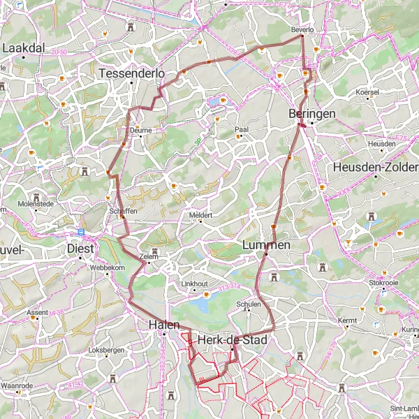 Miniatuurkaart van de fietsinspiratie "Avontuurlijke gravelroute door Limburg" in Prov. Limburg (BE), Belgium. Gemaakt door de Tarmacs.app fietsrouteplanner