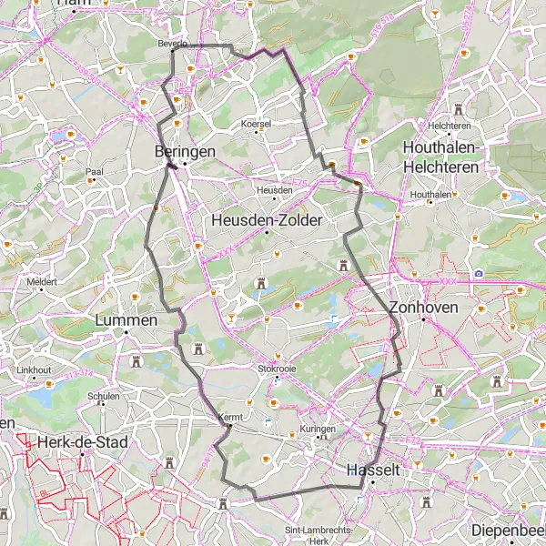 Miniature de la carte de l'inspiration cycliste "Route des Châteaux et des Mines" dans la Prov. Limburg (BE), Belgium. Générée par le planificateur d'itinéraire cycliste Tarmacs.app