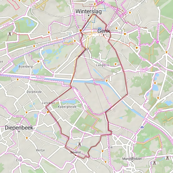 Map miniature of "Beverst Gravel Exploration" cycling inspiration in Prov. Limburg (BE), Belgium. Generated by Tarmacs.app cycling route planner