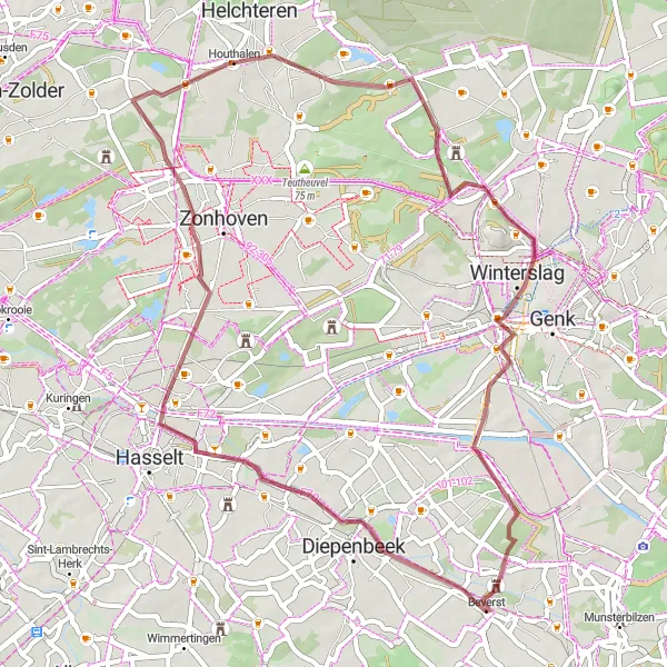 Map miniature of "Gravel Adventure in Nature" cycling inspiration in Prov. Limburg (BE), Belgium. Generated by Tarmacs.app cycling route planner