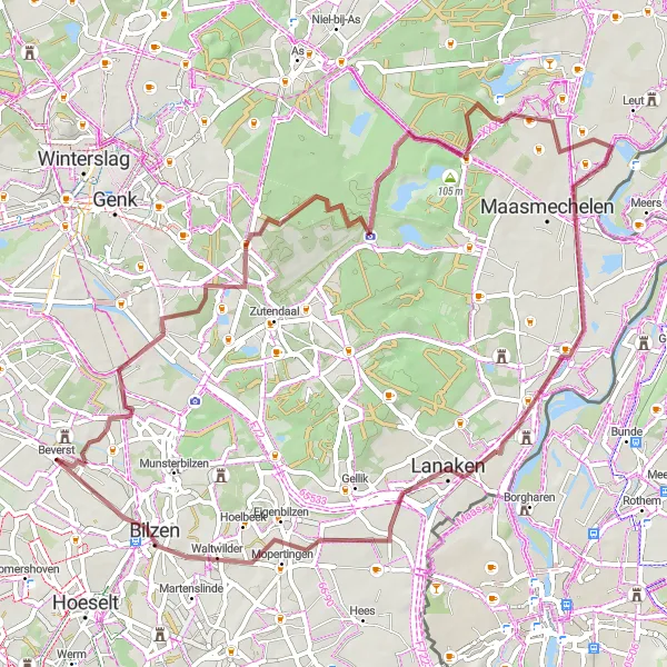 Karten-Miniaturansicht der Radinspiration "Gravelroute Beverst - Uitkijktoren Borreberg" in Prov. Limburg (BE), Belgium. Erstellt vom Tarmacs.app-Routenplaner für Radtouren