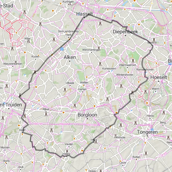 Miniatuurkaart van de fietsinspiratie "Historische route door Kortenbos en Diepenbeek" in Prov. Limburg (BE), Belgium. Gemaakt door de Tarmacs.app fietsrouteplanner