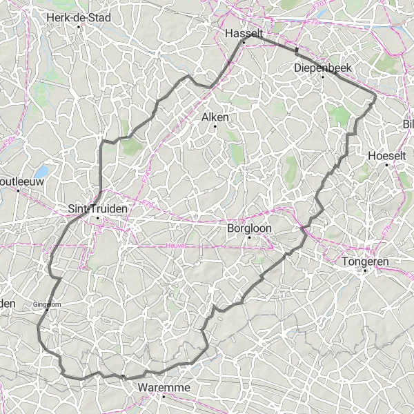Miniature de la carte de l'inspiration cycliste "Parcours pittoresque autour de Kolmont" dans la Prov. Limburg (BE), Belgium. Générée par le planificateur d'itinéraire cycliste Tarmacs.app