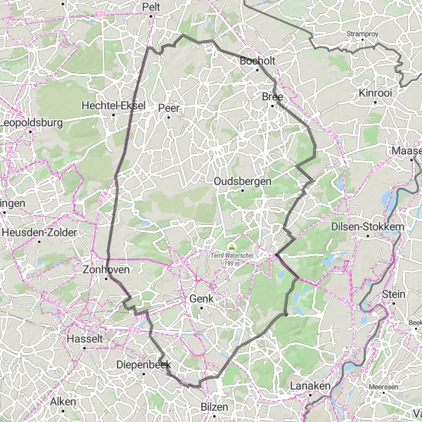 Map miniature of "The Landmarks Loop" cycling inspiration in Prov. Limburg (BE), Belgium. Generated by Tarmacs.app cycling route planner