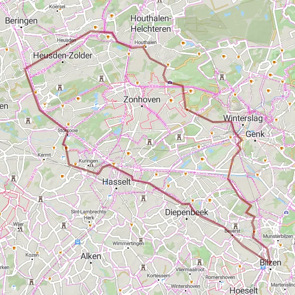 Map miniature of "Heusden Gravel Adventure" cycling inspiration in Prov. Limburg (BE), Belgium. Generated by Tarmacs.app cycling route planner