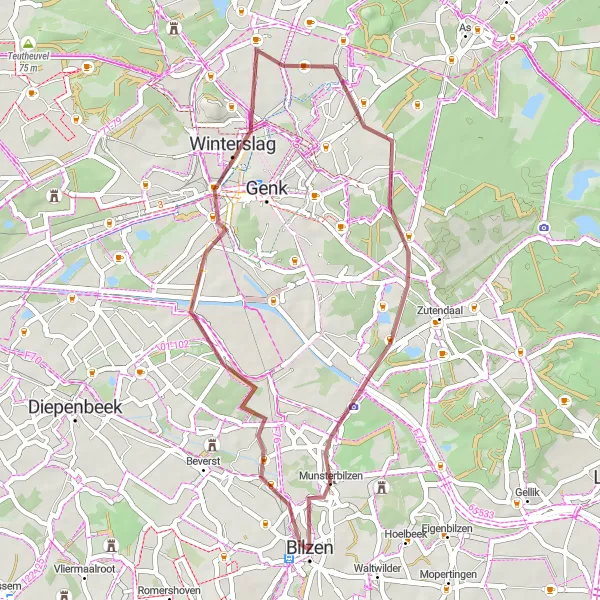 Map miniature of "Winterslag and Wiemesmeer Gravel Loop" cycling inspiration in Prov. Limburg (BE), Belgium. Generated by Tarmacs.app cycling route planner