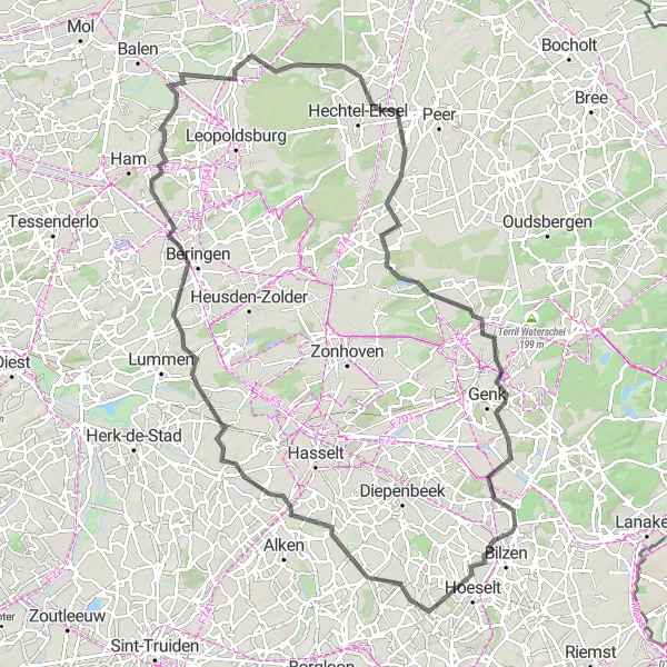 Map miniature of "Kerkhoven Road Loop" cycling inspiration in Prov. Limburg (BE), Belgium. Generated by Tarmacs.app cycling route planner