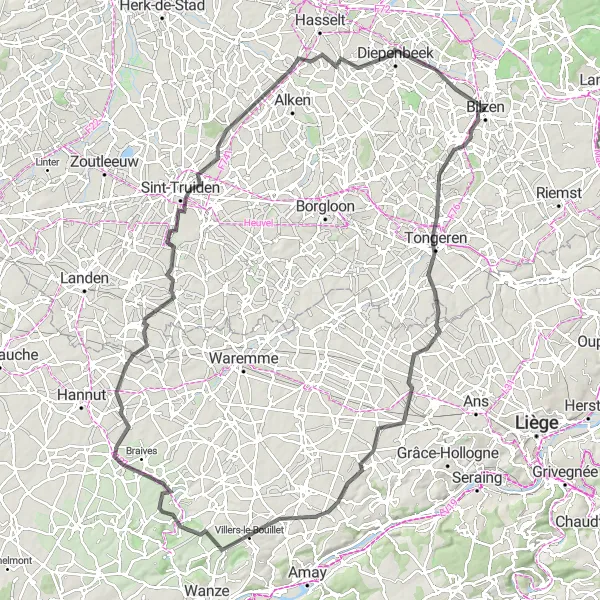 Karten-Miniaturansicht der Radinspiration "Rund um Bilzen und Sint-Truiden" in Prov. Limburg (BE), Belgium. Erstellt vom Tarmacs.app-Routenplaner für Radtouren