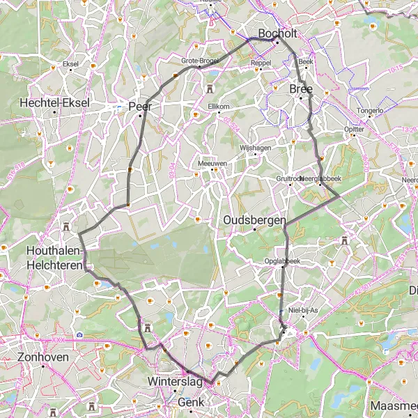 Miniature de la carte de l'inspiration cycliste "Escapade à Travers le Limbourg" dans la Prov. Limburg (BE), Belgium. Générée par le planificateur d'itinéraire cycliste Tarmacs.app
