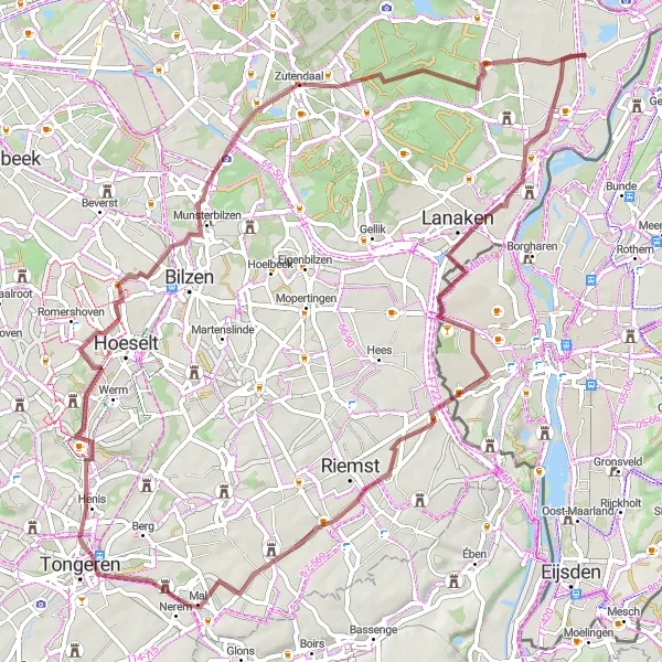 Map miniature of "Limburg Heritage Gravel Route" cycling inspiration in Prov. Limburg (BE), Belgium. Generated by Tarmacs.app cycling route planner