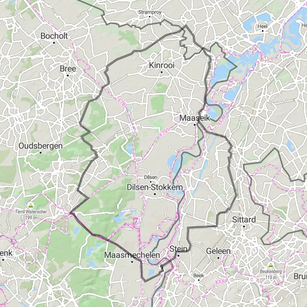 Miniatuurkaart van de fietsinspiratie "Fietsroute door Limburgse dorpjes en natuurgebieden" in Prov. Limburg (BE), Belgium. Gemaakt door de Tarmacs.app fietsrouteplanner