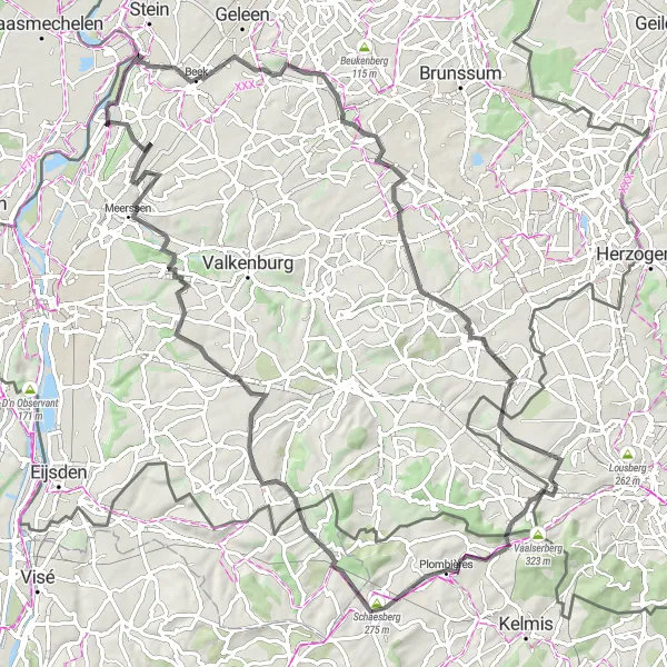 Map miniature of "Geulle aan de Maas Road Cycling Tour" cycling inspiration in Prov. Limburg (BE), Belgium. Generated by Tarmacs.app cycling route planner