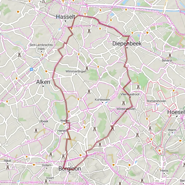 Miniature de la carte de l'inspiration cycliste "Tour Gravel autour de Borgloon" dans la Prov. Limburg (BE), Belgium. Générée par le planificateur d'itinéraire cycliste Tarmacs.app