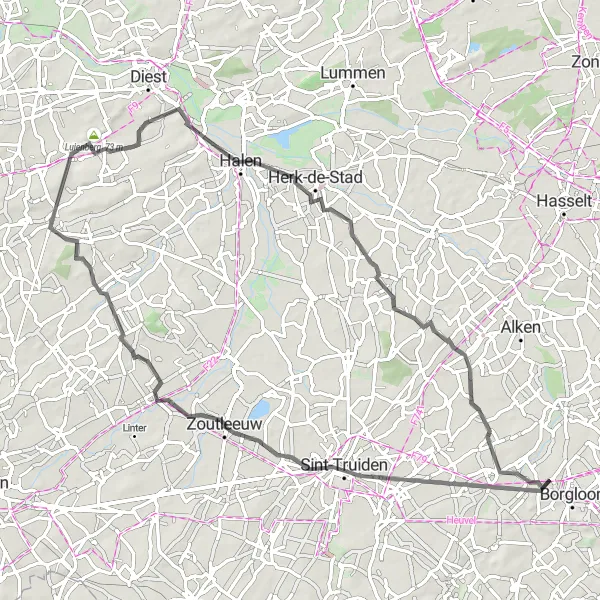 Miniature de la carte de l'inspiration cycliste "Circuit de la Vallée de la Gete" dans la Prov. Limburg (BE), Belgium. Générée par le planificateur d'itinéraire cycliste Tarmacs.app